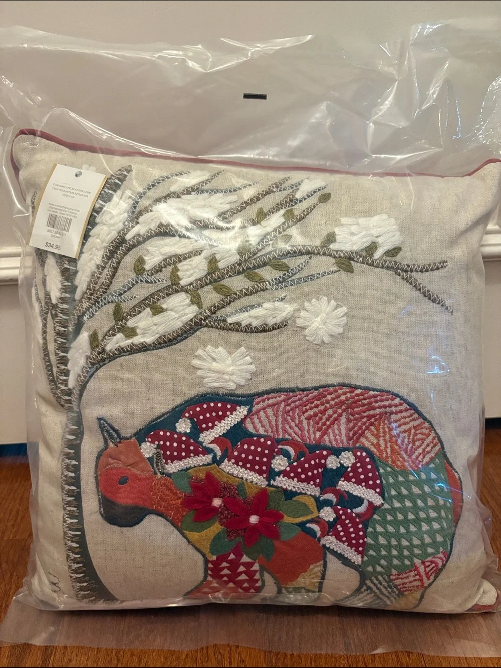 Pier 1 Multicolor Embroidered Elephant Accent Pillow - Cream, Red, Green, Blue